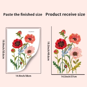 Detailed size guide showing red and pink poppy wall sticker layout and applied dimensions