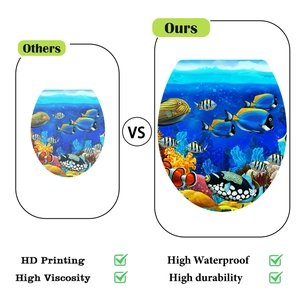 Infographic showing HD sea life toilet stickers with vivid clownfish and coral patterns
