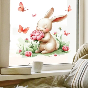Cute Rabbit Flower Window Static Sticker PVC Watercolor Rabbit Butterfly Glass Decal For Kids Room Home Decor