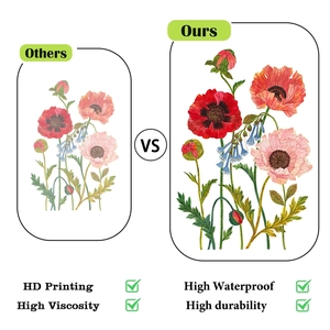 Detail showing HD printing and high waterproof texture of red and pink flower stickers