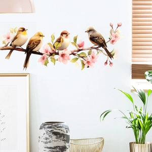 Birds On Cherry Blossom Tree Branches Wall Sticker PVC Waterproof Self Adhesive Decal For Living Room Bedroom Home Decor
