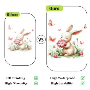 Detail of cute rabbit wall sticker showing HD printing quality and vibrant pink floral patterns
