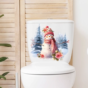 Adesivo natalizio con pupazzo di neve ad acquerello su serbatoio WC bianco con rose