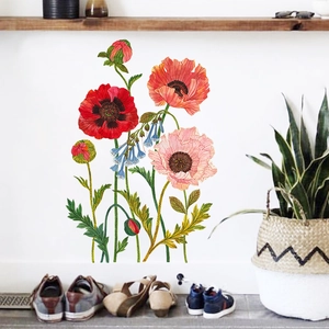 Floral wall stickers with red and pink poppies for home bedroom wall decoration