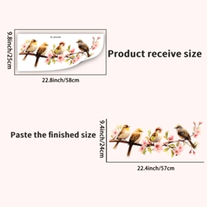 Detail showing the layout and dimensions of pink cherry blossom bird wall decals