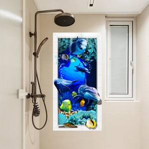 3D ocean world wall sticker with dolphins and tropical fish for bathroom decoration