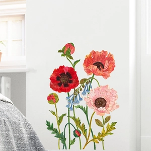 Floral wall decal with red poppies and blue bellflowers for home bedroom wall decoration