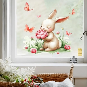 Cute white bunny holding pink peony flower static window sticker for glass decoration
