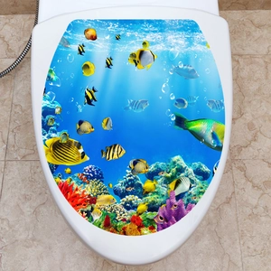 3D ocean world toilet lid sticker with colorful tropical fish and coral reef pattern