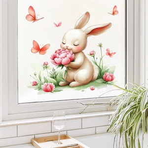 Watercolor cartoon white rabbit static window cling with pink flowers and butterflies