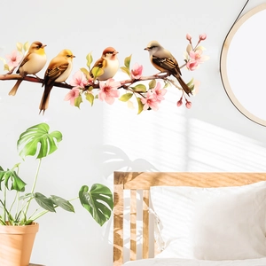 Creative bird and pink cherry blossom wall decal for living room home decor