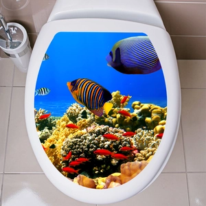 Self-adhesive toilet lid sticker with colorful tropical fish and coral reef ocean scene