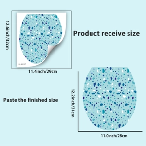 Detailed size guide showing a blue terrazzo stone toilet sticker measuring 32x29cm