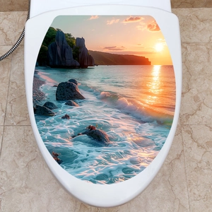 Self-adhesive toilet lid cover sticker featuring a scenic ocean sunset landscape
