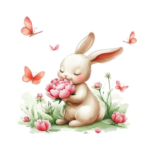 Cute white rabbit static window cling with pink flower and butterflies for glass decor