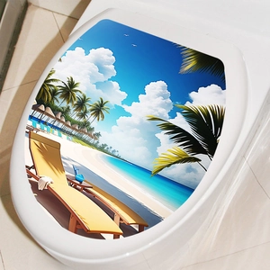 Self-adhesive toilet seat decal with tropical beach, palm trees and blue ocean scene