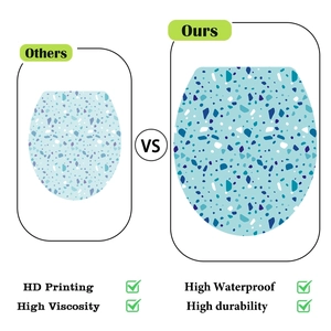Detail showing high-definition blue terrazzo pattern sticker with waterproof features