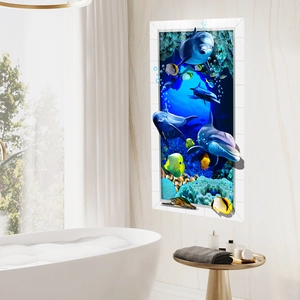 3D ocean dolphins wall decal with sea turtles and coral reef for bathroom decor