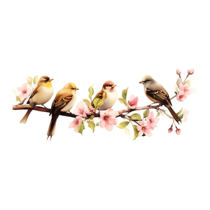Self-adhesive wall stickers with birds and pink flowers for living room and bedroom decor