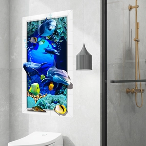 3D ocean dolphins wall decal with tropical fish and coral for bathroom wall decoration