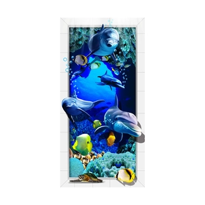 3D ocean wall sticker with dolphins sea turtle and tropical fish on white background