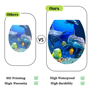 Detail view of large HD waterproof ocean themed dolphin and fish toilet seat stickers