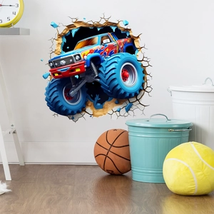 3D Broken Wall Monster Truck Wall Sticker Waterproof PVC Decal For Kids Boy Room Bedroom Game Room Home Decoration