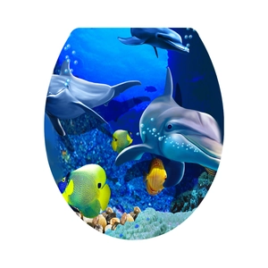Toilet lid cover sticker with 3D ocean world design featuring jumping dolphins and tropical fish