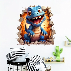 Sticker Mural 3D Brise-mur Dinosaure Bleu Dessin Animé PVC Imperméable Amovible Décoration Pour Chambre d'Enfant Salon Chambre à Coucher