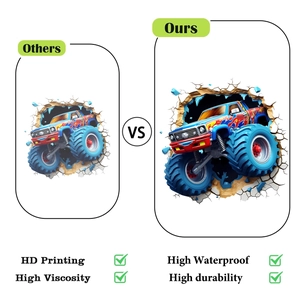 Close-up showing high-definition printing and waterproof detail of blue monster truck sticker