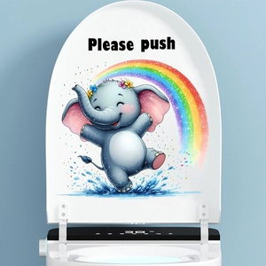 Cute Cartoon Rainbow Elephant Toilet Sticker Waterproof PVC Bathroom Decoration Decal With Please Push Text For Home Washroom