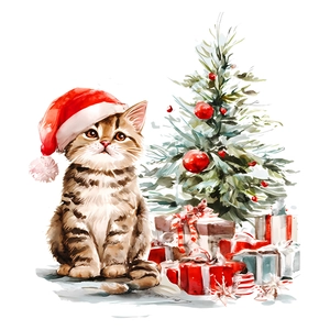 Dettaglio dell'adesivo natalizio ad acquerello con gatto carino e regali di Natale