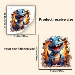 Détail du sticker mural dinosaure 3D avec dimensions et guide de taille d'application