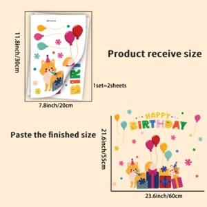 Detail of happy birthday window stickers featuring colorful balloons and cute cartoon fox