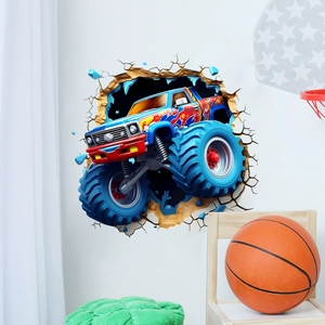 3D monster truck wall sticker breaking through a white wall for kids room decor