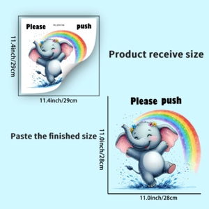 Detail of rainbow elephant toilet sticker showing product receive and finished layout sizes