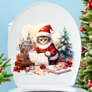 Dettaglio adesivo per WC in PVC festivo con un gatto natalizio carino e alberi innevati