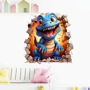 Sticker mural 3D avec un dinosaure bleu réaliste traversant un mur blanc pour chambre
