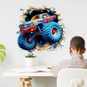 Creative 3D monster truck wall sticker with blue and red flame design breaking through wall