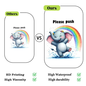 Detail showing high-definition printed rainbow elephant toilet sticker with push sign