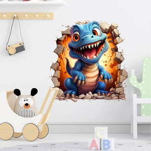 Sticker mural 3D dinosaure bleu sortant du mur pour décor de chambre d'enfant