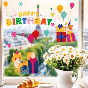 Birthday window static stickers with cute fox, balloons, and Happy Birthday text