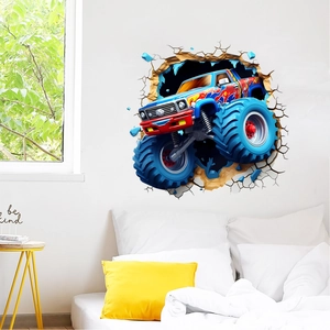 3D monster truck wall sticker breaking through wall for kids bedroom home decor