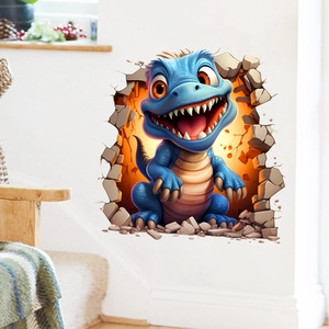Sticker mural 3D réaliste montrant un adorable dinosaure bleu sortant d'un mur blanc décor