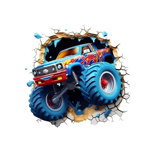 3D monster truck wall sticker with blue flames breaking through white wall for home decor