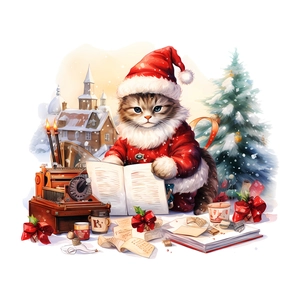 Adesivo murale natalizio con gattino vestito da Babbo Natale e una macchina da scrivere