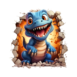 Sticker mural dinosaure 3D avec un T-Rex bleu perçant à travers un mur en pierre
