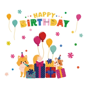 Cute cartoon fox and hamster happy birthday static cling window stickers for home decor