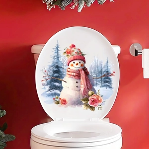 Adesivo natalizio con pupazzo di neve su coperchio WC bianco con fiori e sfondo rosso