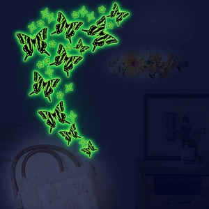 Luminous green butterfly wall stickers with stars for glow-in-the-dark home decoration